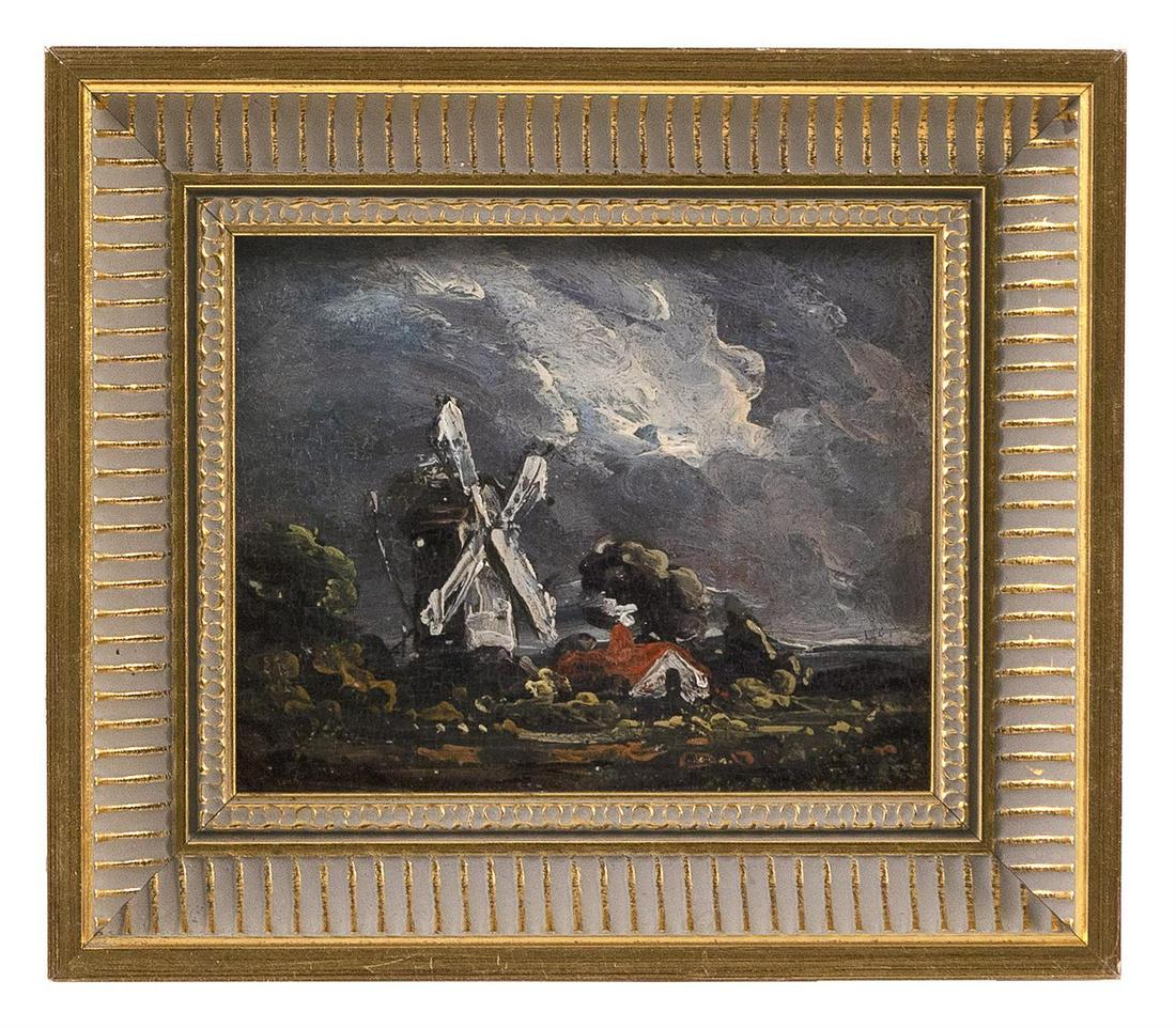 MANNER OF JOHN CONSTABLE, Europe, 19th Century,: MANNER OF JOHN CONSTABLE Europe, 19th Century Windmill. Unsigned. Oil on board, 4.38" x 5.38". Framed.