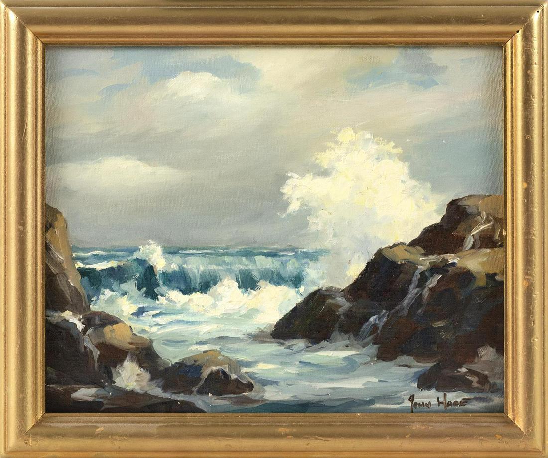 JOHN CUTHBERT HARE, Massachusetts/Florida, 1908-1978,: JOHN CUTHBERT HARE Massachusetts/Florida, 1908-1978 Waves crashing on the coast. Signed lower right "John Hare". Oil on canvas board, 8" x 10". Framed 9.5" x 11.5".