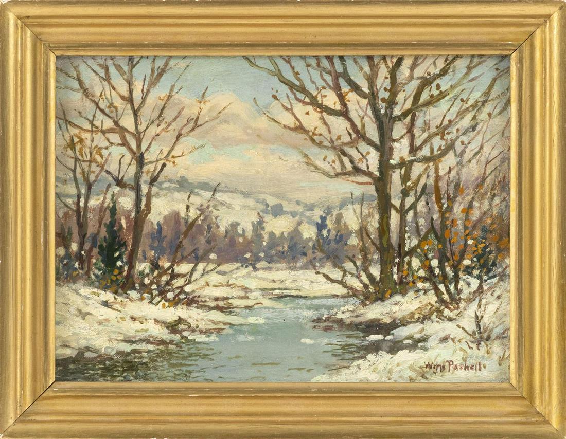 WILLIAM FREDERICK PASKELL Massachusetts, 1866-1951: WILLIAM FREDERICK PASKELL Massachusetts, 1866-1951 A winter stream. Signed lower right "Wm. Paskell". Oil on board, 6" x 8". Framed 7.75" x 9.75". Dimensions Oil on board, 6" x 8". Framed 7.75" x 9.75