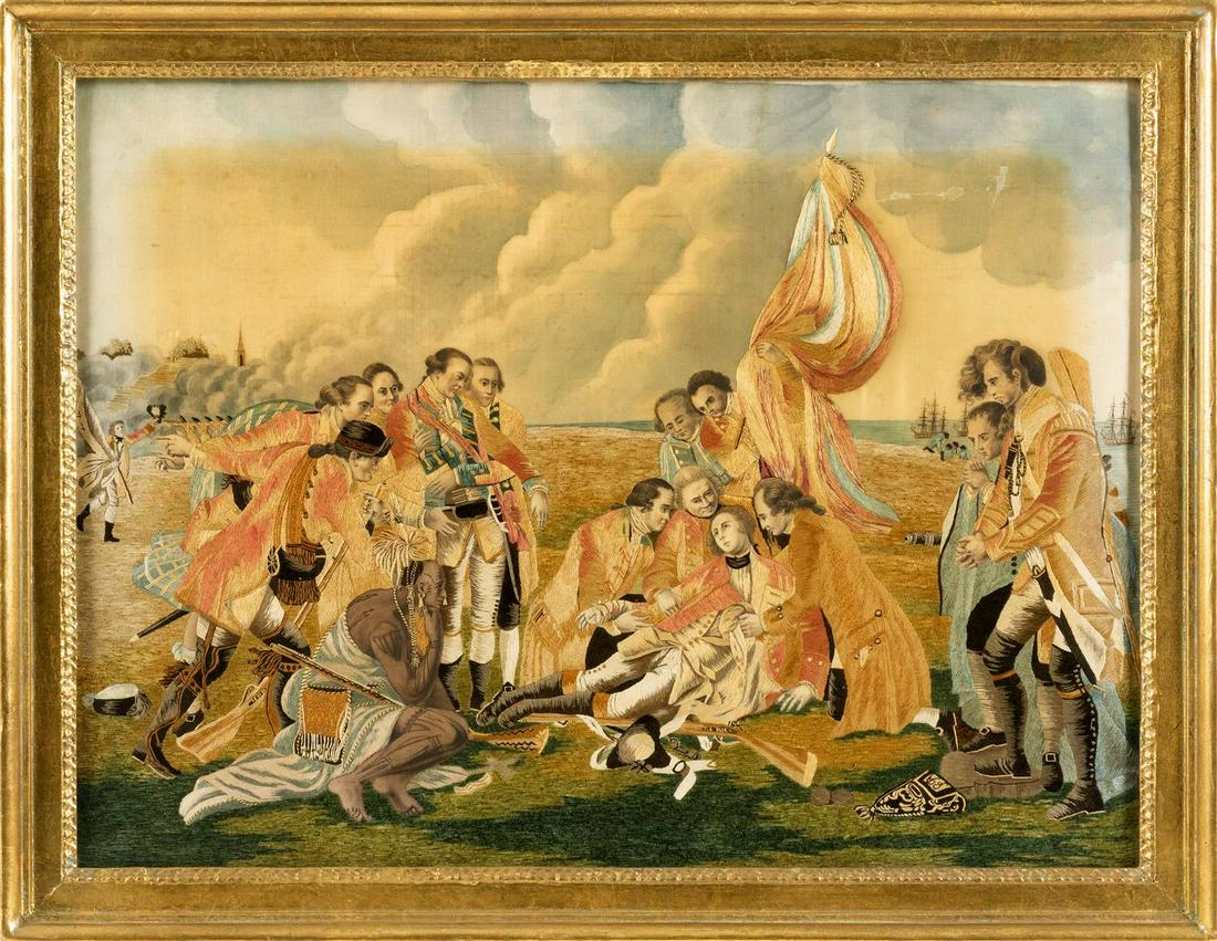 NEEDLEWORK AND WATERCOLOR ON SILK DEPICTION OF THE: NEEDLEWORK AND WATERCOLOR ON SILK DEPICTION OF THE DEATH OF GENERAL WOLFE England, Fourth Quarter of the 18th Century After Benjamin West. Worked in chenille and silk grosse pointe. Fine hand-painted