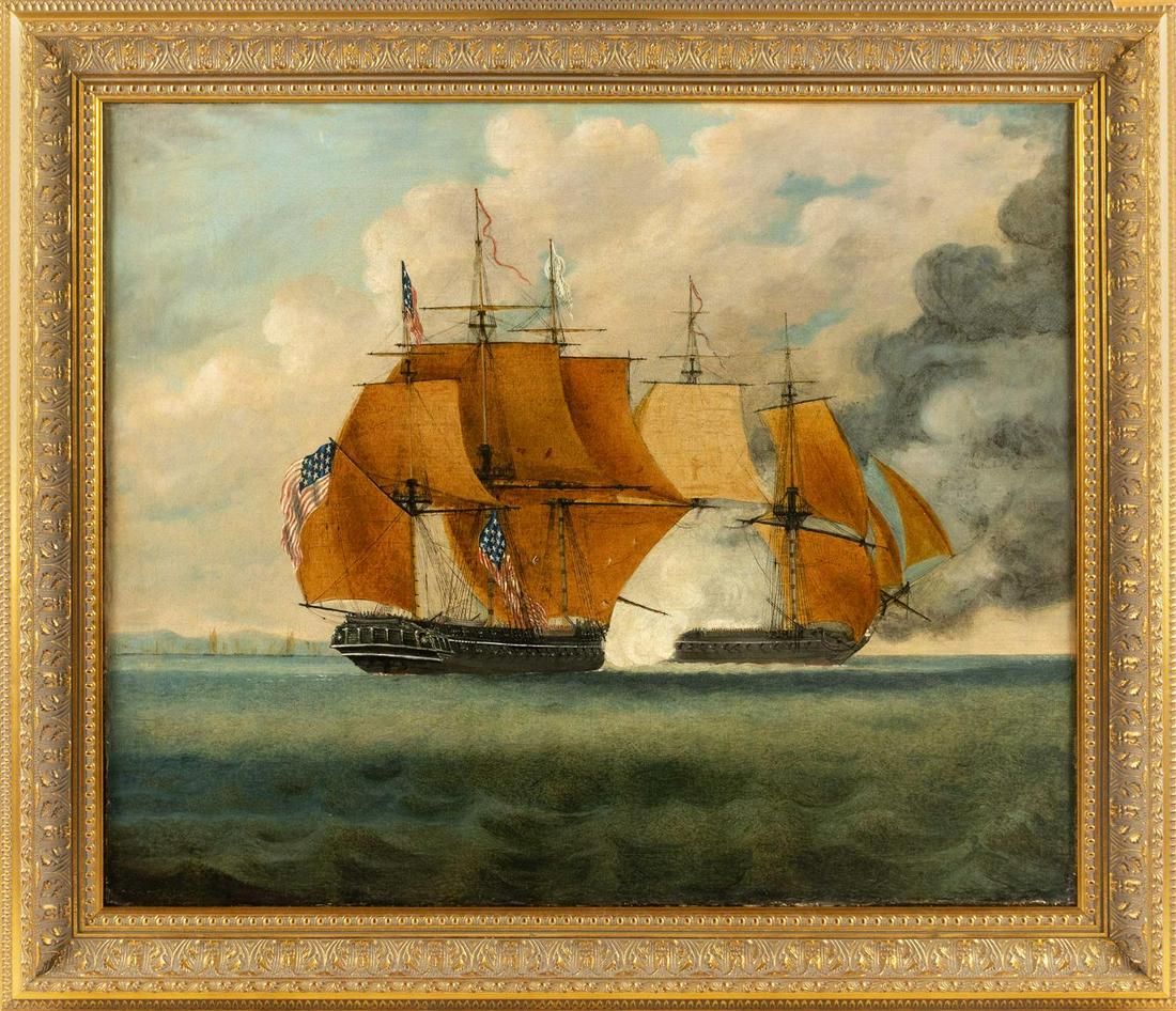 ATTRIBUTED TO THOMAS WHITCOMBE United Kingdom, c.: ATTRIBUTED TO THOMAS WHITCOMBE United Kingdom, c. 1760-1824 The battle between the U.S.S Chesapeake and H.M.S. Shannon, circa 1813. Provenance: Sotheby's, New York, April 1986. Acquired from the above