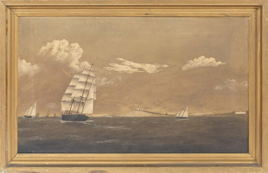 CLEMENT DREW Massachusetts, 1806-1889 "Long Island,: CLEMENT DREW Massachusetts, 1806-1889 "Long Island, Boston Harbor". Signed lower right "C. Drew". Inscribed verso "Long Island, Boston Harbor. By C. Drew 1885". Provenance: Private Collection, Wiscons