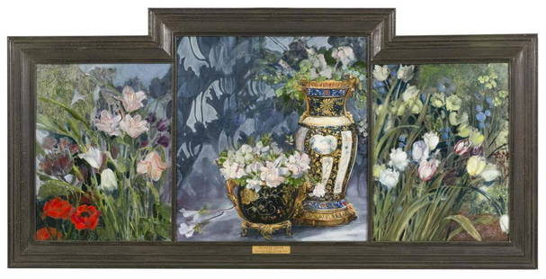 CLARICE SMITH Virginia/Washington, D.C., b. 1933: CLARICE SMITH Virginia/Washington, D.C., b. 1933 "Triptych with Chinese Vase and Flowers 1996". Signed and dated lower right "Clarice Smith '96". Titled on frame plaque. Provenance: Kennedy Galleries,