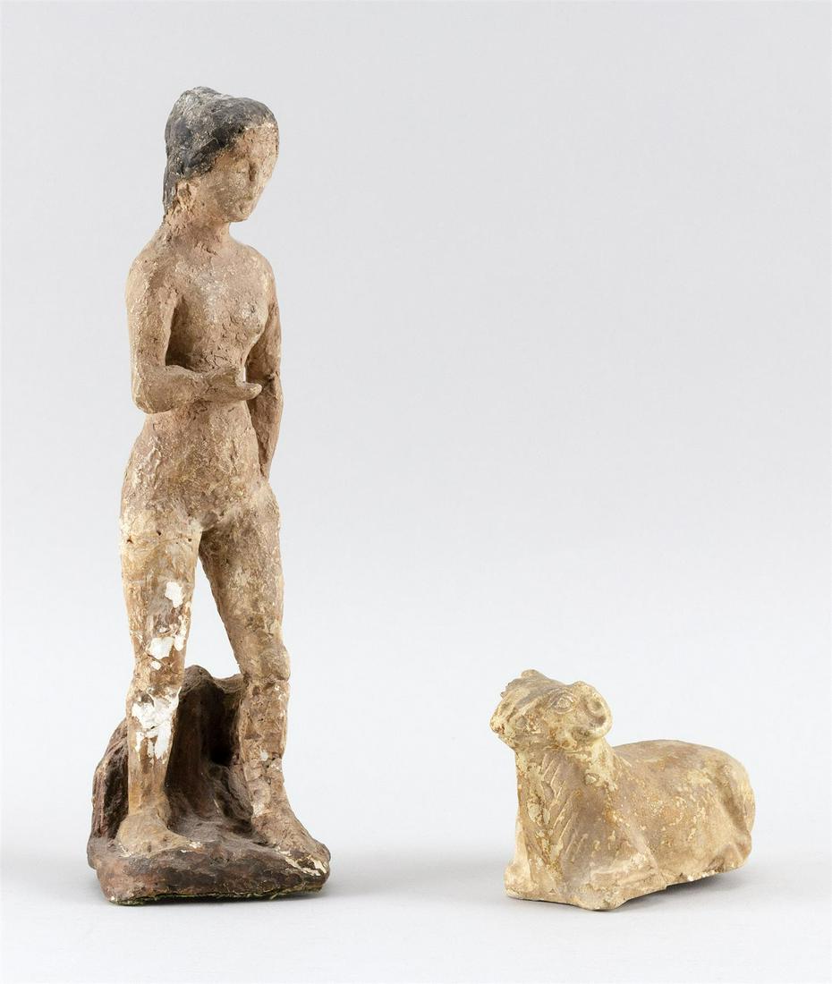 MAX WEBER New York/France, 1881-1961 Standing: MAX WEBER New York/France, 1881-1961 Standing female figure, 1915. Signed, dated and with a rooster on the underside. Together with a Grecco-Roman-style terra cotta votive figure of a ram. Polychrome-