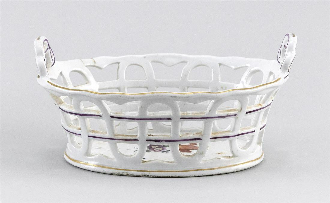 LOOSDRECHT PORCELAIN BASKET Holland, Fourth Quarter of: LOOSDRECHT PORCELAIN BASKET Holland, Fourth Quarter of the 18th Century Hand-painted tulip spray decoration. Openwork sides. Underglaze blue "MoL" mark. Length 5.75".