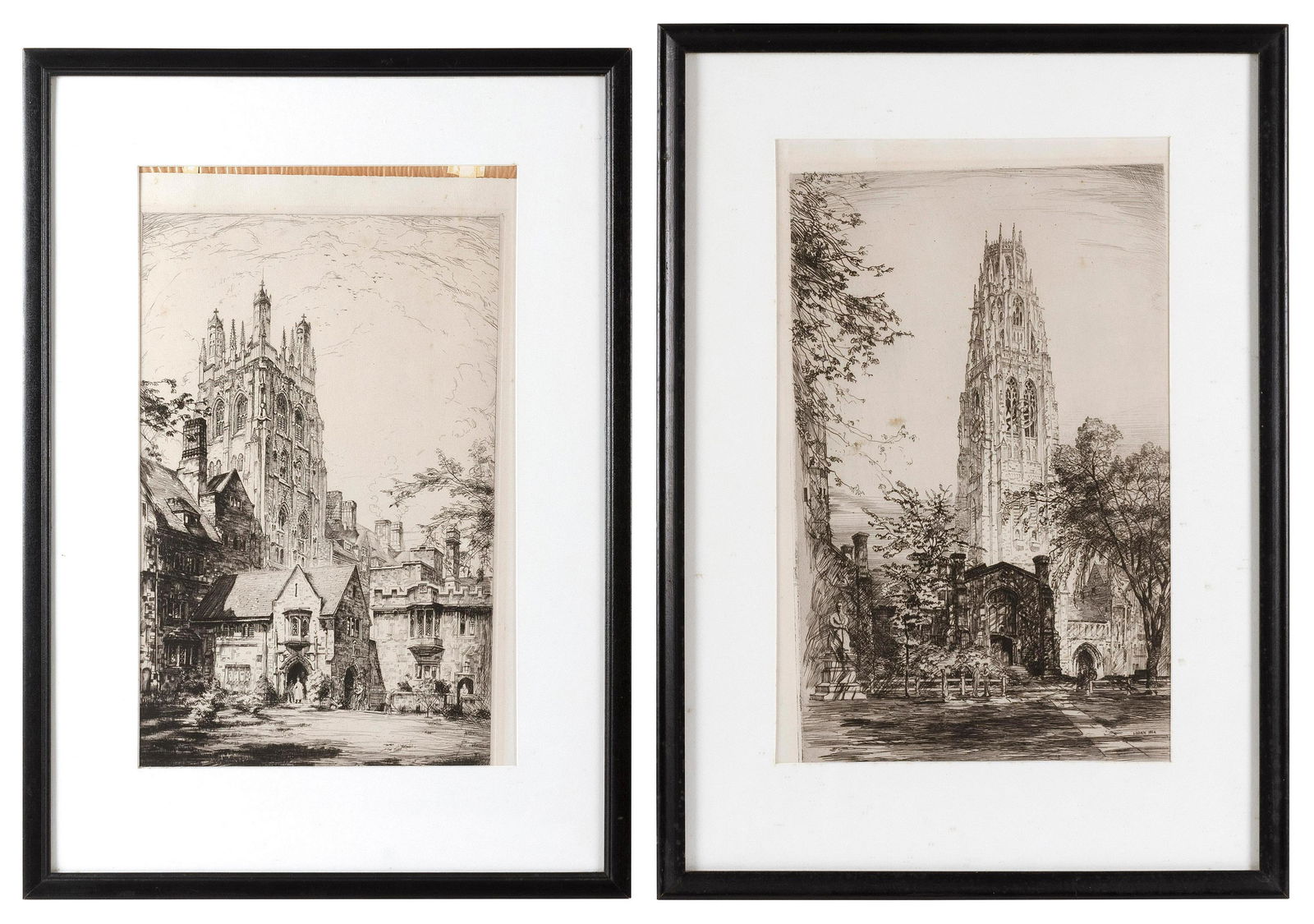 ROBERT FULTON LOGAN Connecticut/Massachusetts/France,: ROBERT FULTON LOGAN Connecticut/Massachusetts/France, 1899-1959 Two views of Yale University buildings, 1924: Harkness Tower and Wrexham Tower. Etchings, 16.5" x 10". Framed 23.5" x 16.5".