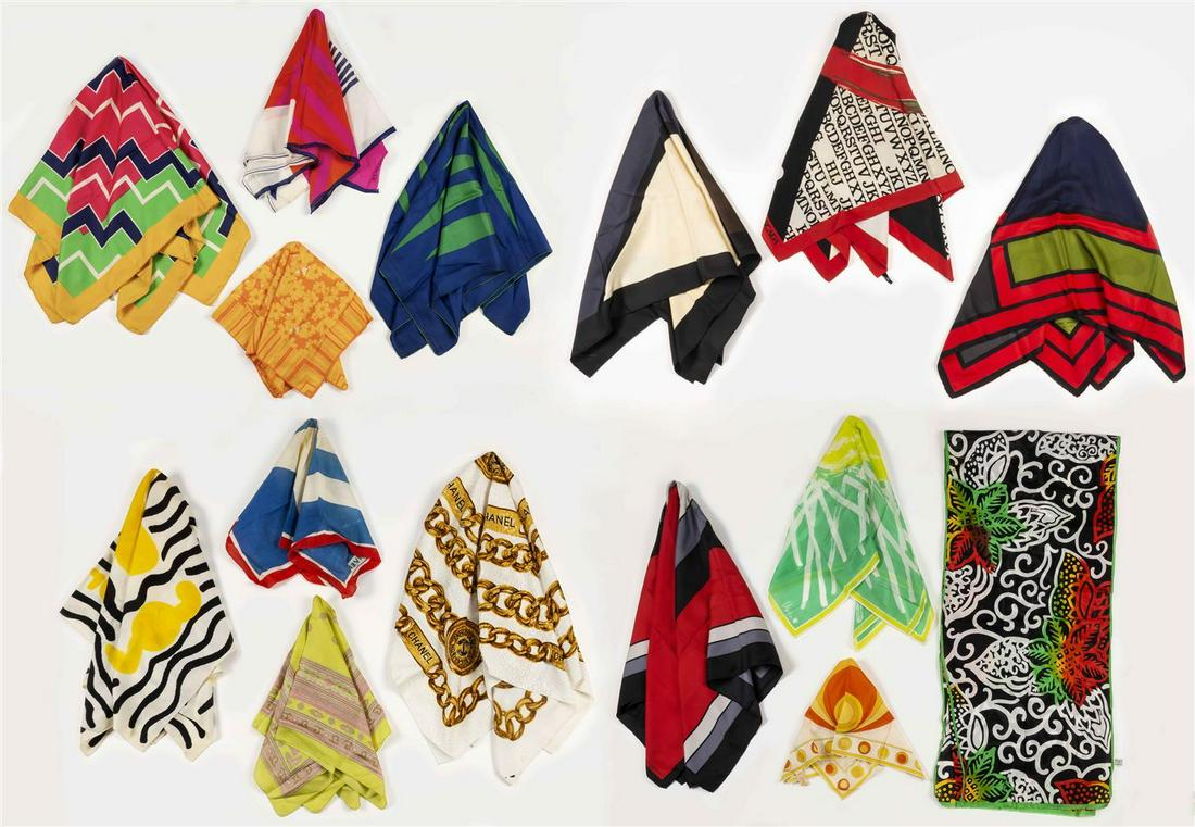 FIFTEEN VINTAGE SILK AND COTTON SCARVES 1980s: FIFTEEN VINTAGE SILK AND COTTON SCARVES 1980s Includes a "How to Wear your HermÃ¨s Scarf" 1988 booklet. Scarves by Chanel, Escada, Oscar de La Renta, Furillo Pucci, Vera, Liberty of London, Givenchy