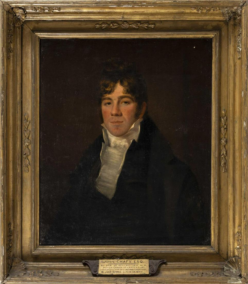 ATTRIBUTED TO GILBERT STUART Massachusetts/Rhode: ATTRIBUTED TO GILBERT STUART Massachusetts/Rhode Island/England, 1755-1828 Portrait of John Chafy, Esq. Unsigned. Sitter identified on frame plaque. Oil on canvas, 30.5" x 25". Framed 39" x 34".