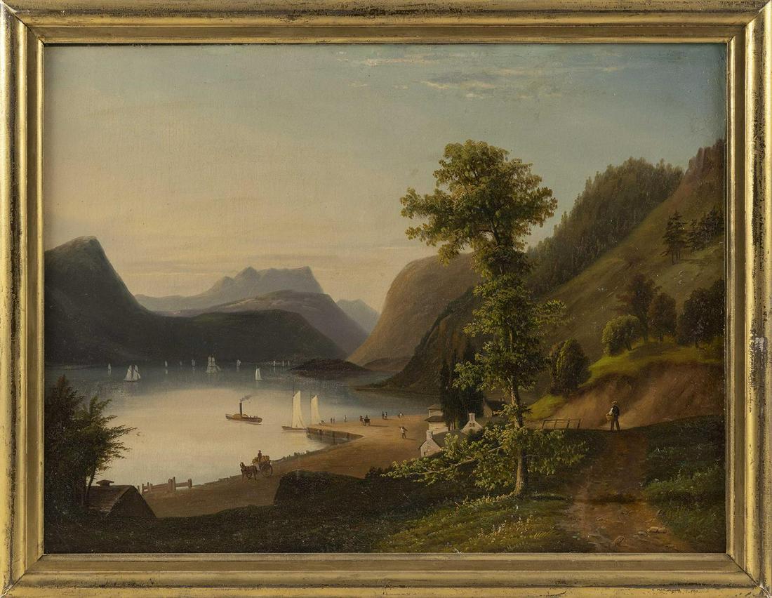 ATTRIBUTED TO EDMUND C. COATES New York/England,: ATTRIBUTED TO EDMUND C. COATES New York/England, 1816-1871 "Peekskill Landing, Hudson River". Unsigned. After the engraving by Bartlett. Oil on canvas, 18" x 24". Framed 21" x 27".