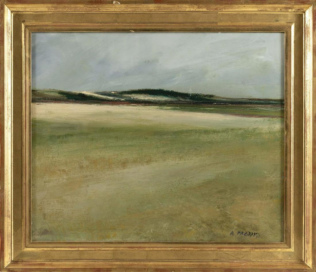 ANNE PACKARD Massachusetts/New Jersey, b. 1933: ANNE PACKARD Massachusetts/New Jersey, b. 1933 Coastal landscape. Signed lower right "A. Packard". Provenance: Packard Gallery, 2001. Private Collection. Oil on canvas, 20" x 24". Framed 25.5" x 29.25