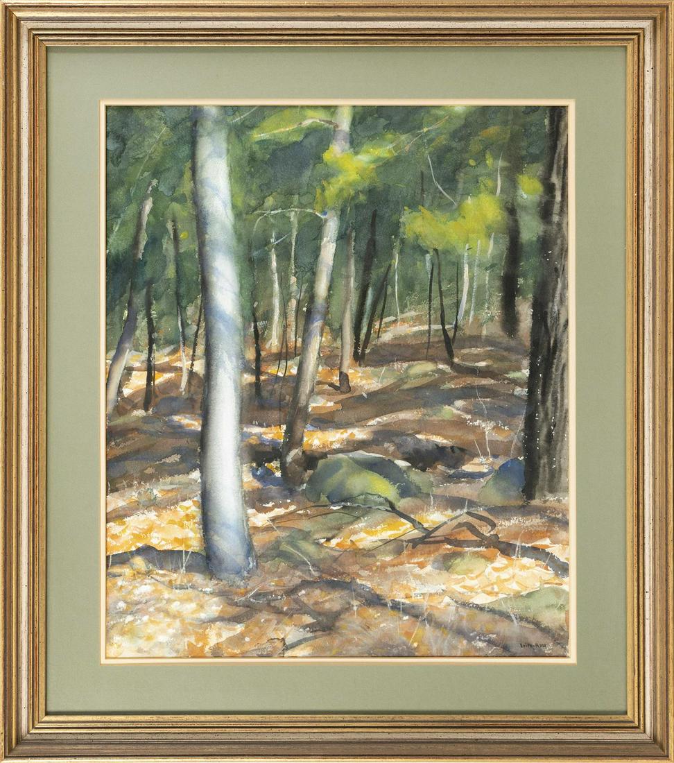 HARRY LEITH-ROSS Pennsylvania, 1886-1973 Sunlit: HARRY LEITH-ROSS Pennsylvania, 1886-1973 Sunlit forest interior. Signed lower right "Leith-Ross". Watercolor on paper, 25" x 20.5". Framed 34" x 30".