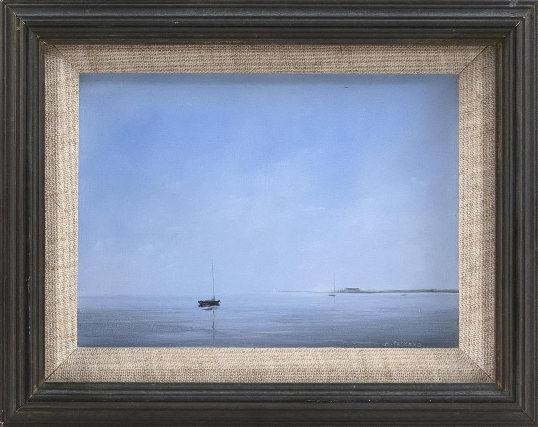 ANNE PACKARD Massachusetts/New Jersey, b. 1933: ANNE PACKARD Massachusetts/New Jersey, b. 1933 Boats moored off Wood End Light, Provincetown, Massachusetts. Signed lower right "A. Packard". Oil on masonite, 5" x 7". Framed 7.5" x 9.25".