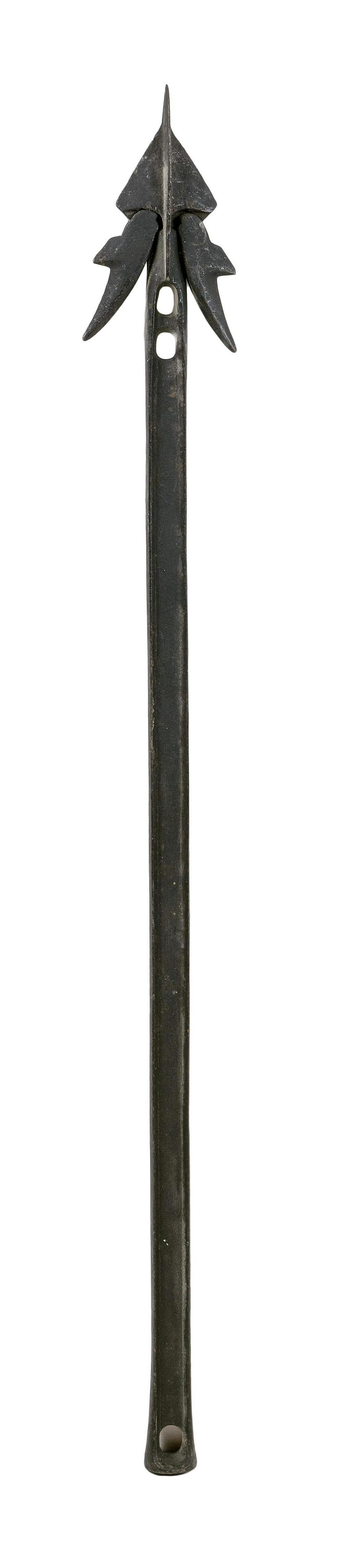 ROBERT BROWN IRON HARPOON 19th Century Made for a gun: ROBERT BROWN IRON HARPOON 19th Century Made for a gun mold. Signed and dated on shaft "R Brown Patd 1850". Movable double flues. Similar head in Harpoons and Other Whalecraft by T.G. Lytle, p. 104. Le