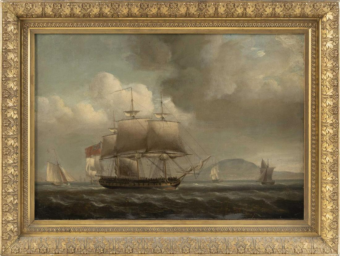 ATTRIBUTED TO THOMAS LUNY United Kingdom, 1759-1837: ATTRIBUTED TO THOMAS LUNY United Kingdom, 1759-1837 British man-of-war near shore. Unsigned. Provenance: Vose Galleries, Boston. An unknown private collector. Eldred's auction, November 2002. Acquired