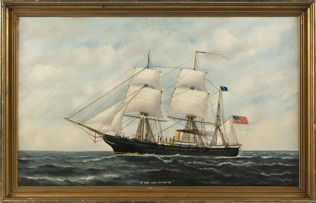 SAMUEL FINLEY MORSE BADGER Massachusetts, 1817-1919: SAMUEL FINLEY MORSE BADGER Massachusetts, 1817-1919 "Her Last Cruise", the U.S.S. Kearsarge. Signed lower left "S.F.M. Badger". Provenance: Eldred's auction, July 1994. Acquired from the above at that