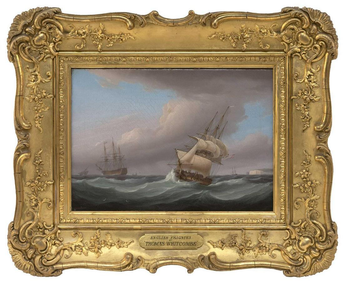 ATTRIBUTED TO THOMAS WHITCOMBE United Kingdom, c.: ATTRIBUTED TO THOMAS WHITCOMBE United Kingdom, c. 1760-1824 "English Frigates". Unsigned. Titled and attributed to Whitcombe on frame plaque. Provenance: Private Collection, New York. Oil on canvas, 1