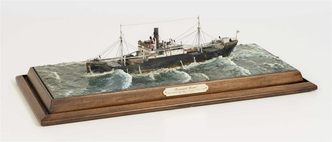 CASED SHIP DIORAMA "HOMEWARD BOUND" BY ROBERT MOUAT: CASED SHIP DIORAMA "HOMEWARD BOUND" BY ROBERT MOUAT 20th Century In 1/16 in.:1 ft. scale. Waterline model depicting the ship in a heavy sea, circa 1915. Hull built up from wood with black painted tops