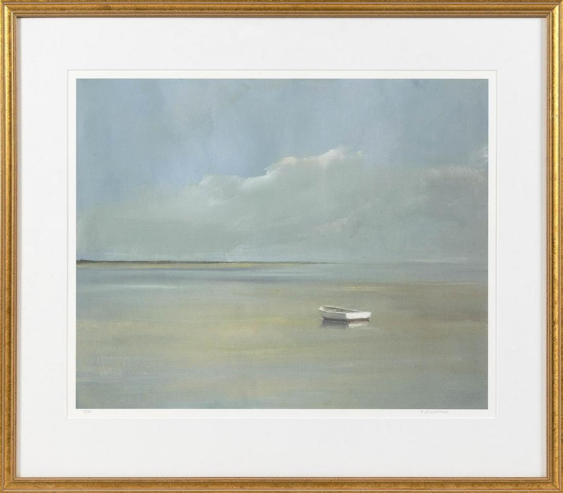 ANNE PACKARD Massachusetts/New Jersey, b. 1933: ANNE PACKARD Massachusetts/New Jersey, b. 1933 "Dory in the Harbor". Numbered 1/50. Signed lower right "A. Packard". Print, 16" x 20" sight. Framed 24" x 27".