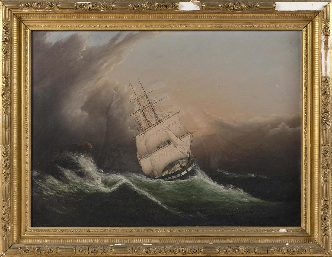 ATTRIBUTED TO CLEMENT DREW Massachusetts, 1806-1889: ATTRIBUTED TO CLEMENT DREW Massachusetts, 1806-1889 Ship in stormy waters. Unsigned. Oil on canvas, 22" x 30". Framed 28" x 36".