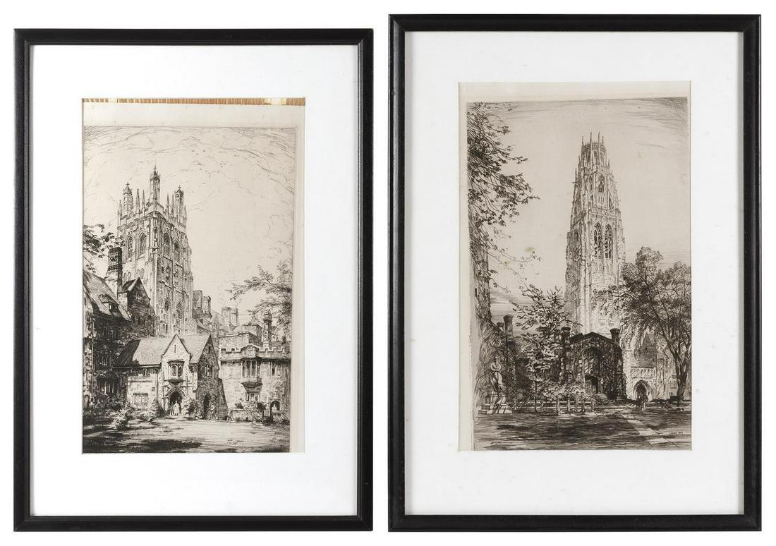 ROBERT FULTON LOGAN Connecticut/Massachusetts/France,: ROBERT FULTON LOGAN Connecticut/Massachusetts/France, 1899-1959 Two views of Yale University buildings, 1924: Harkness Tower and Wrexham Tower. Etchings, 16.5" x 10". Framed 23.5" x 16.5".