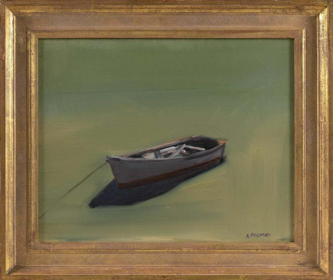 ANNE PACKARD Massachusetts/New Jersey, b. 1933: ANNE PACKARD Massachusetts/New Jersey, b. 1933 Moored skiff. Signed lower right "A. Packard". Housed in a Guido frame. Provenance: Packard Gallery, 2001. Private Collection. Oil on canvas, 16" x 20".