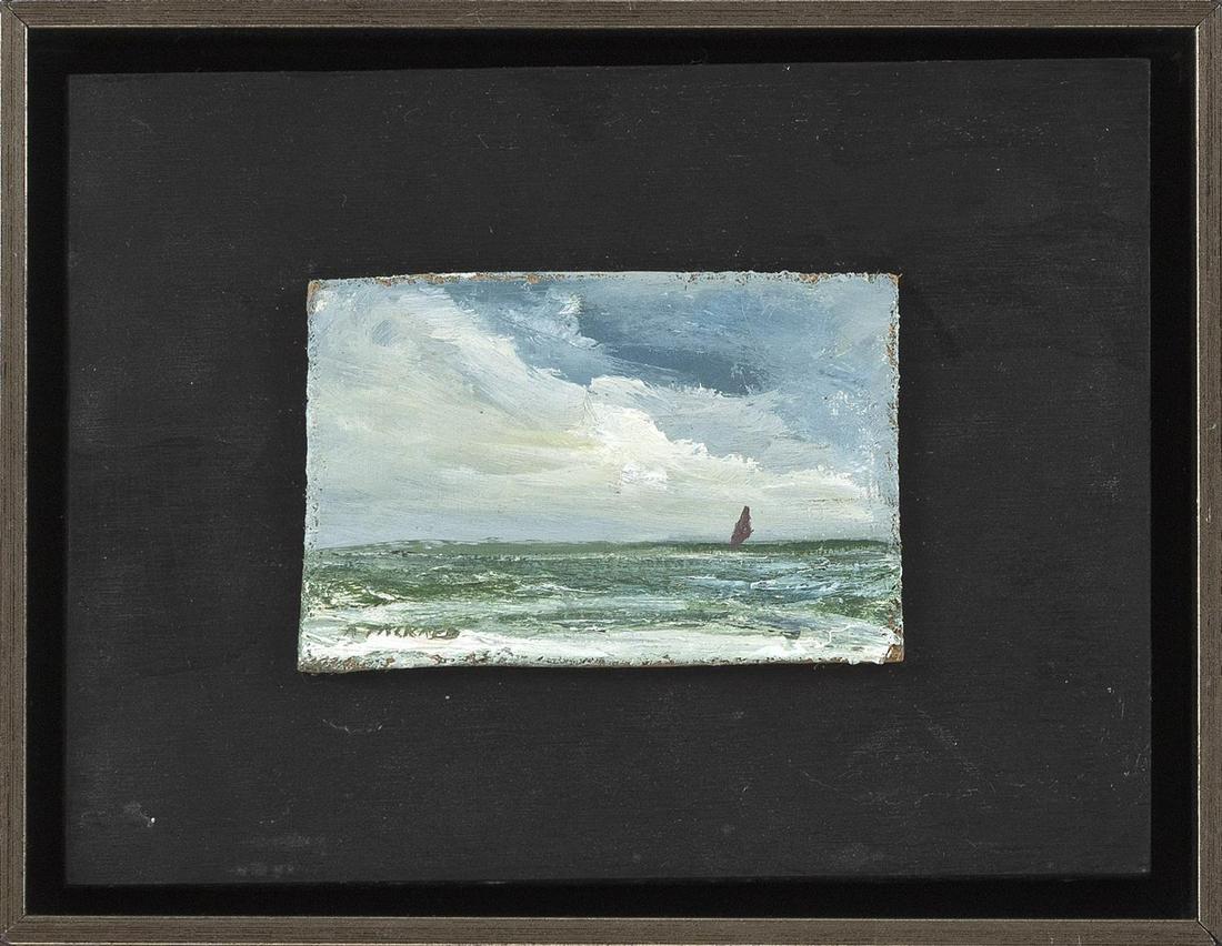 ANNE PACKARD Massachusetts/New Jersey, b. 1933: ANNE PACKARD Massachusetts/New Jersey, b. 1933 Brisk sail. Signed lower left "A. Packard". Oil on board, 3" x 4.25". Framed 7" x 9".