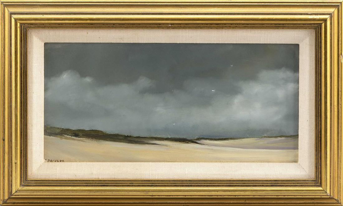 ANNE PACKARD Massachusetts/New Jersey, b. 1933 Dune: ANNE PACKARD Massachusetts/New Jersey, b. 1933 Dune scene. Signed lower left "A. Packard". Oil on board, 5" x 10". Framed 8" x 13".