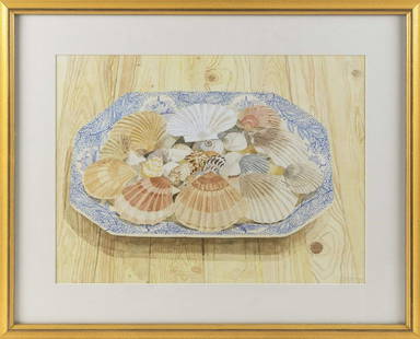 PETER PLAMONDON Massachusetts/California, b. 1944: PETER PLAMONDON Massachusetts/California, b. 1944 "Plate of Shells". Signed lower right "PP 77". Titled on label verso for Alpha Gallery, Newbury Street, Boston. James Bakker Antiques, Provincetown Pr