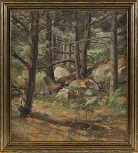 CHARLES ABEL CORWIN, New York/California/Illinois,: CHARLES ABEL CORWIN New York/California/Illinois, 1858-1938 Forest interior. Signed lower left "Charles Abel Corwin". Oil on canvas, 18" x 16". Framed 21" x 19".