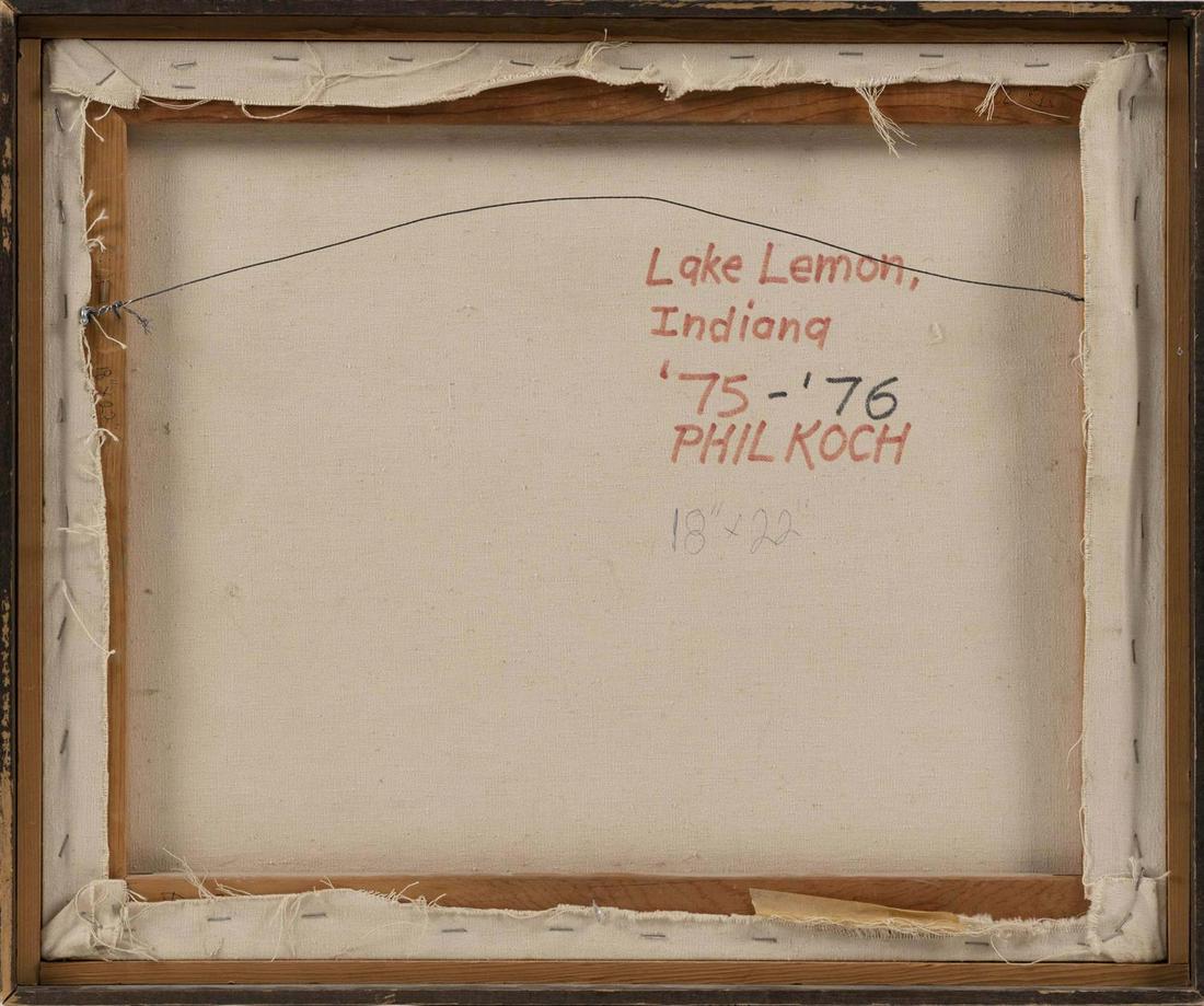 PHILIP KOCH, Maryland/Massachusetts, b. 1948, "Lake: PHILIP KOCH Maryland/Massachusetts, b. 1948 "Lake Lemon, Indiana 1975-76", a tranquil lakeshore landscape. Signed verso. Oil on canvas, 18" x 22". Framed 19.5" x 23.5".