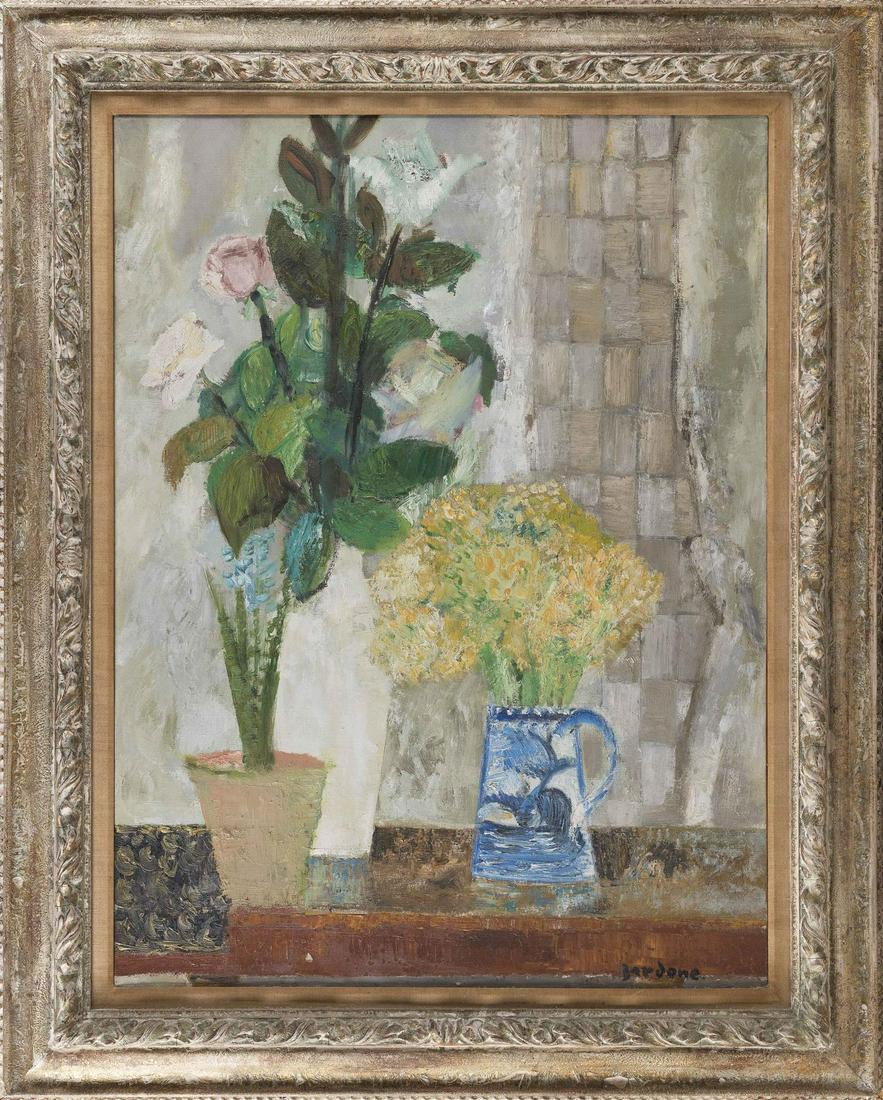 GUY BARDONE, France, 1927-2015, Floral arrangements in: GUY BARDONE France, 1927-2015 Floral arrangements in front of a window. Signed lower right "Bardone". Oil on canvas, 31" x 23.5". Framed 40" x 32".