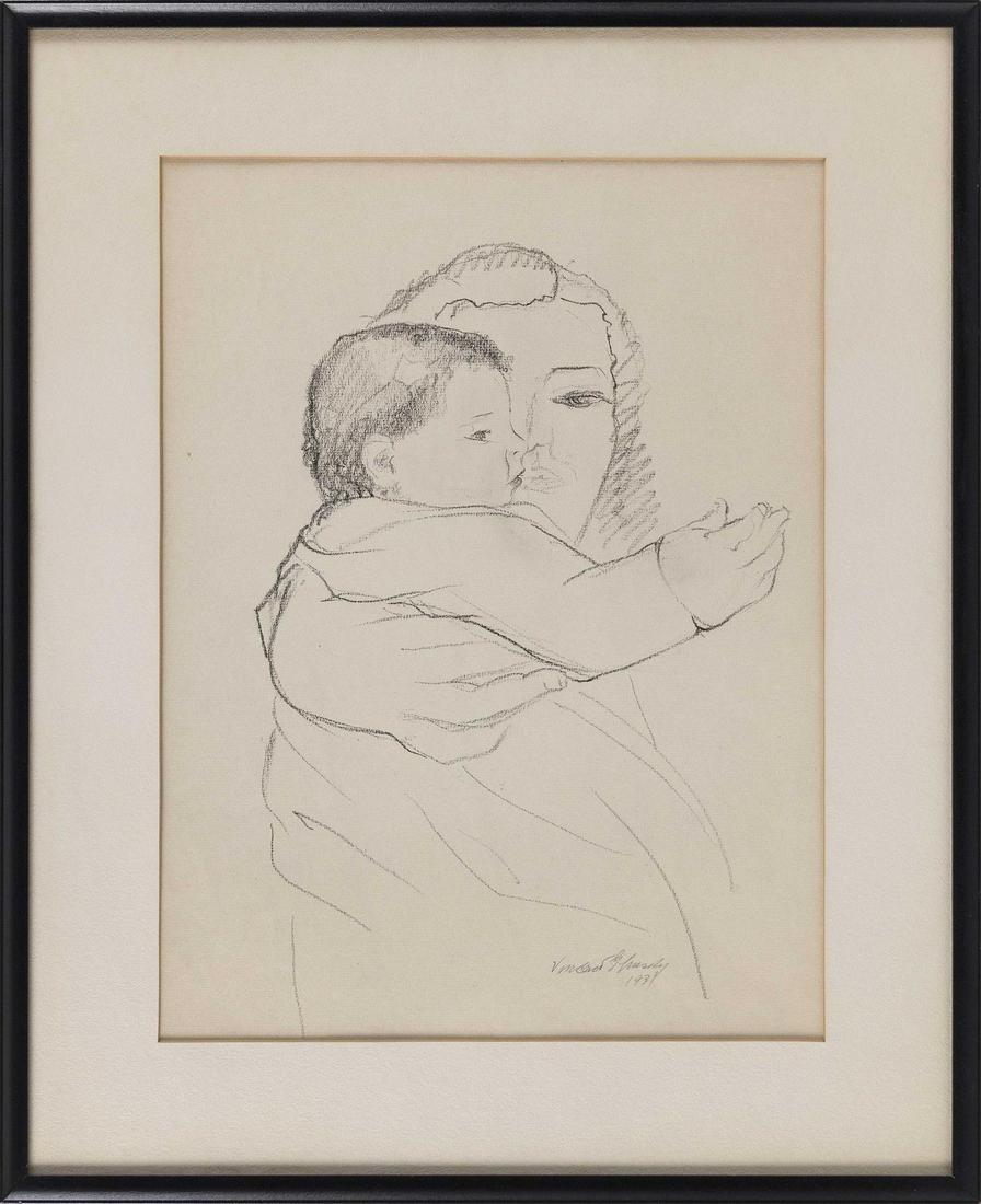 VINCENT GLINSKY, New York/Italy/France/Russian: VINCENT GLINSKY New York/Italy/France/Russian Federation, 1895-1975 Mother and child. Signed and dated lower right "Vincent Glinsky 1931". Charcoal on paper, 16" x 12" sight. Framed 22" x 18".