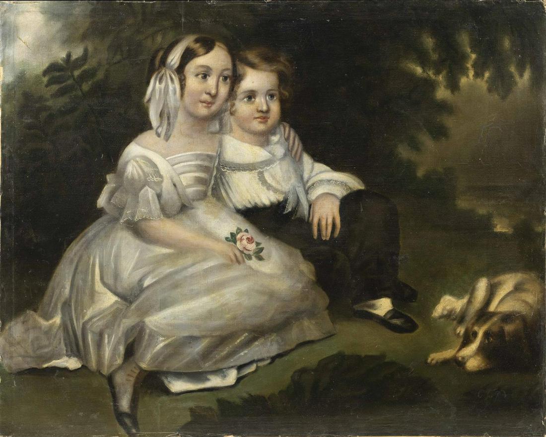 AMERICAN SCHOOL 19th Century Portrait of two: AMERICAN SCHOOL 19th Century Portrait of two children and their dog in a bucolic setting. Inscribed verso "By Benjamin West Salem Mass", believed to be an erroneous attribution. Accompanying notes and