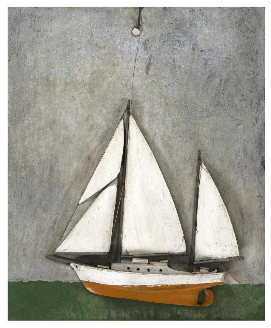 TWO-MASTED SLOOP DIORAMA America, Early 20th Century: TWO-MASTED SLOOP DIORAMA America, Early 20th Century Sloop with white sails and an orange and white hull on a primitive seascape-painted board. Height 20". Width 16.5".