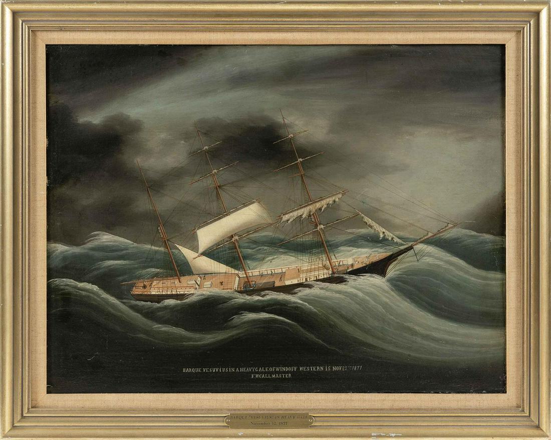 ATTRIBUTED TO CLEMENT DREW Massachusetts, 1806-1889: ATTRIBUTED TO CLEMENT DREW Massachusetts, 1806-1889 "Barque Vesuvius in a Heavy Gale ... FW Call Master". Unsigned. Oil on canvas, 18.25" x 23.5". Framed 22.25" x 27.75".