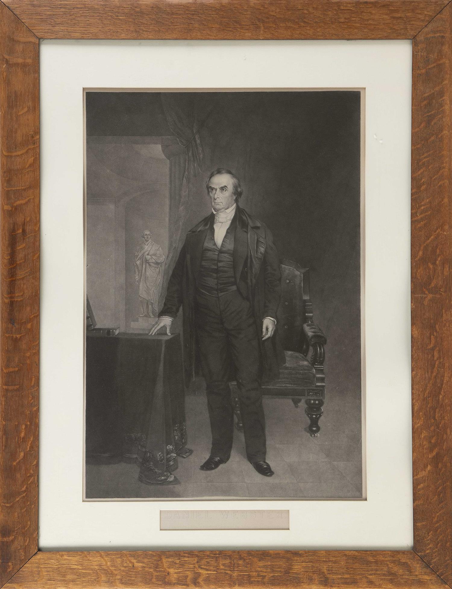 MEZZOTINT ENGRAVING OF DANIEL WEBSTER AFTER CHESTER: MEZZOTINT ENGRAVING OF DANIEL WEBSTER AFTER CHESTER HARDING New York, 1851 By J. Andrews (1806-1873) & H.W. Smith (b. 1828), after the original painting by Chester Harding (1792-1866). Fishel, Adler &