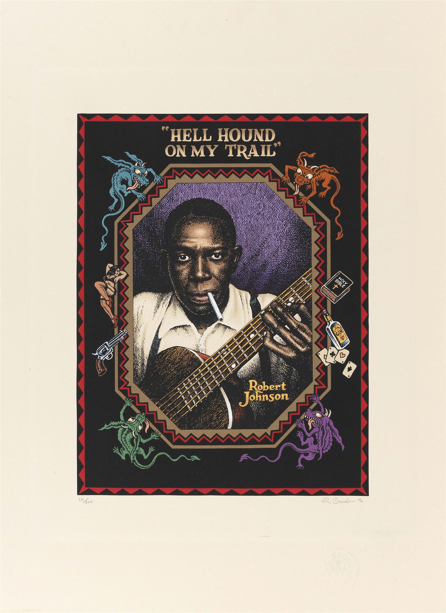 RARE ROBERT CRUMB TWENTY-COLOR SERIGRAPH OF ROBERT: RARE ROBERT CRUMB TWENTY-COLOR SERIGRAPH OF ROBERT JOHNSON Signed and dated lower right "R. Crumb '96". Editioned lower left 171/220. 30" x 22". Mounted on a backboard 30.5" x 25". Includes a Certific