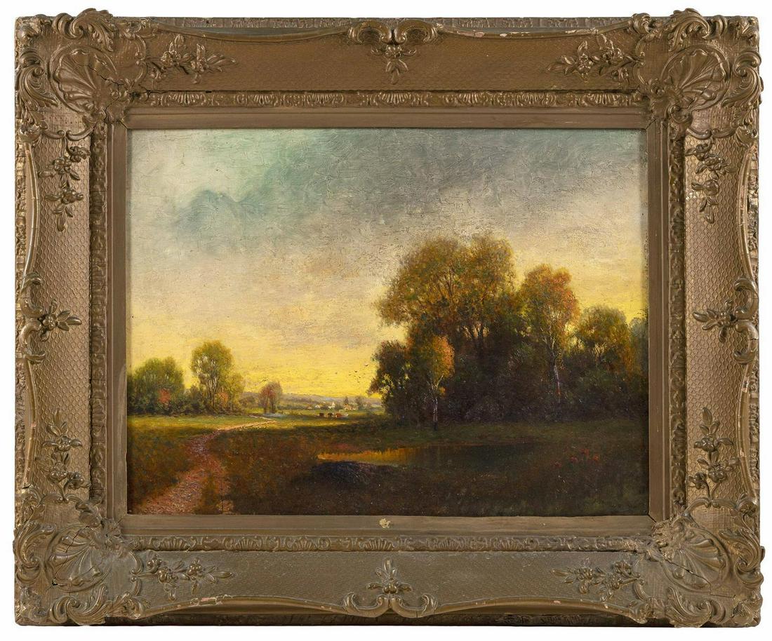 MANNER OF GEORGE INNESS, America, 19th Century, Sunset: MANNER OF GEORGE INNESS America, 19th Century Sunset over a meadow. Signed lower right "G. Inness". Oil on board, 18" x 24". Framed 27" x 33.5".