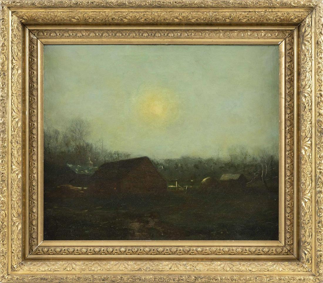 MANNER OF GEORGE INNESS, America, 19th Century,: MANNER OF GEORGE INNESS America, 19th Century Farmyard under moonlight. Unsigned. Oil on canvas, 20" x 24". Framed 28" x 32".