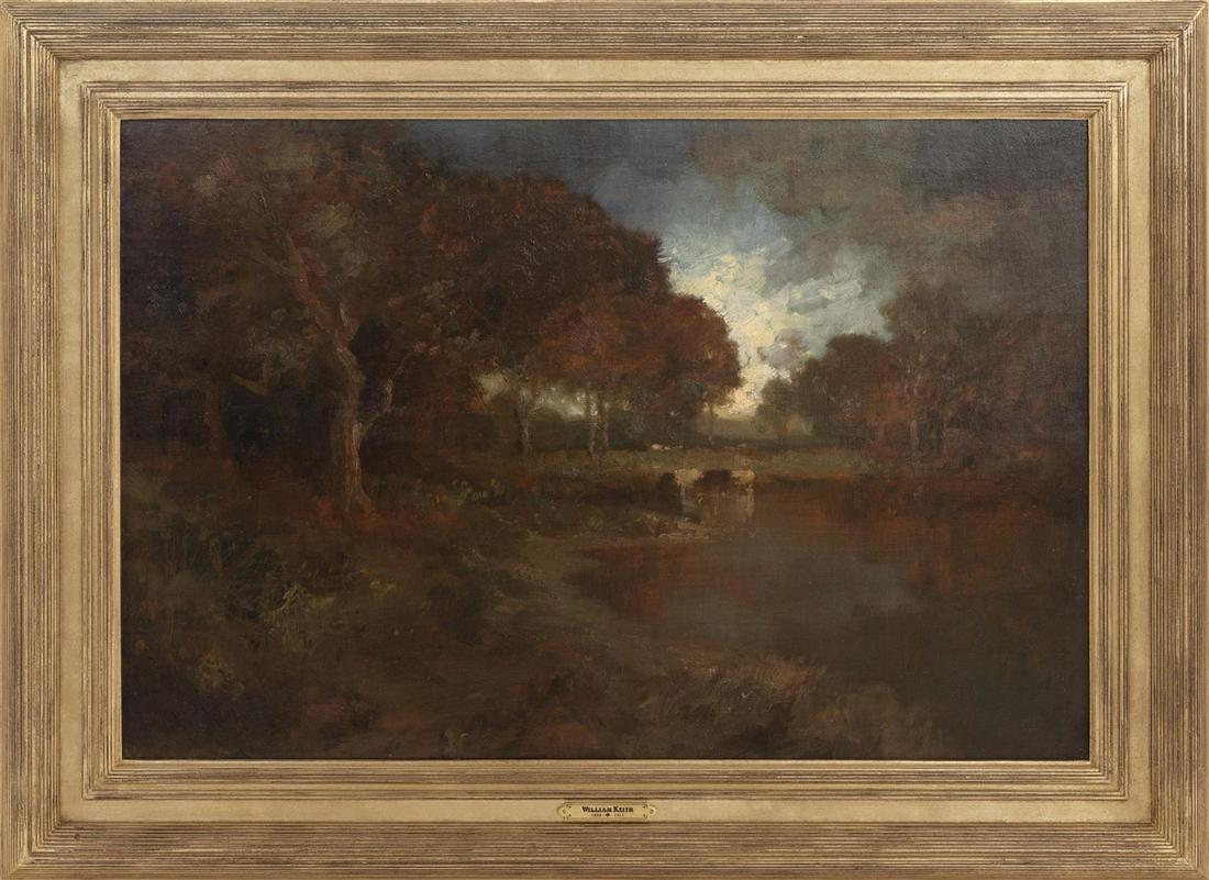WILLIAM KEITH, California/Scotland, 1838-1911, Cattle: WILLIAM KEITH California/Scotland, 1838-1911 Cattle at a woodland pond. Signed lower left "W. Keith". Housed in a Whistler-style frame. Oil on canvas, 20" x 30". Framed 27" x 37".