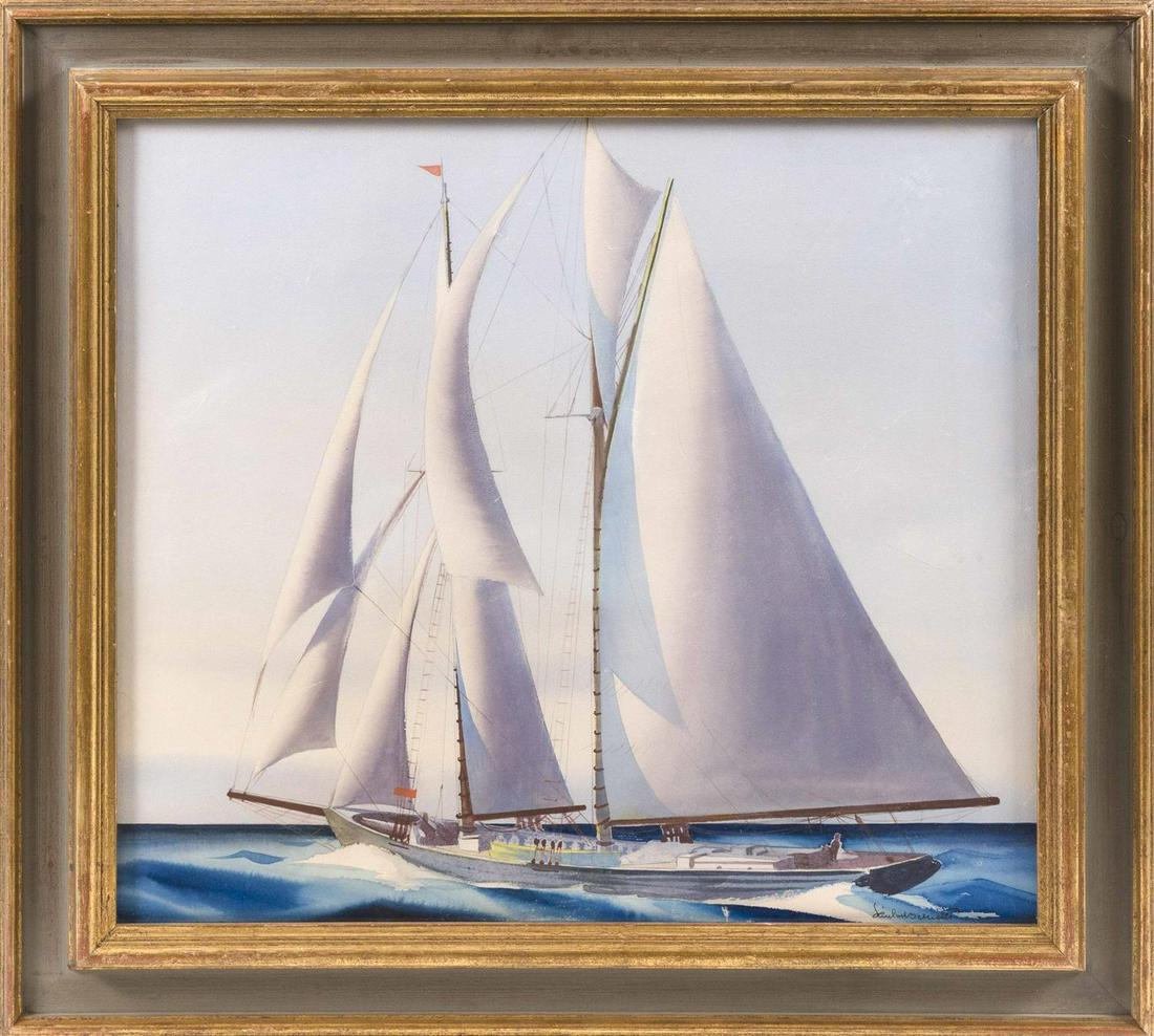 SANDOR BERNATH, New York/Maine, 1892-1984, Yacht under: SANDOR BERNATH New York/Maine, 1892-1984 Yacht under sail. Signed lower right "Sandor Bernath". Watercolor on paper, 16.5" x 18.5" sight. Framed 21" x 24".