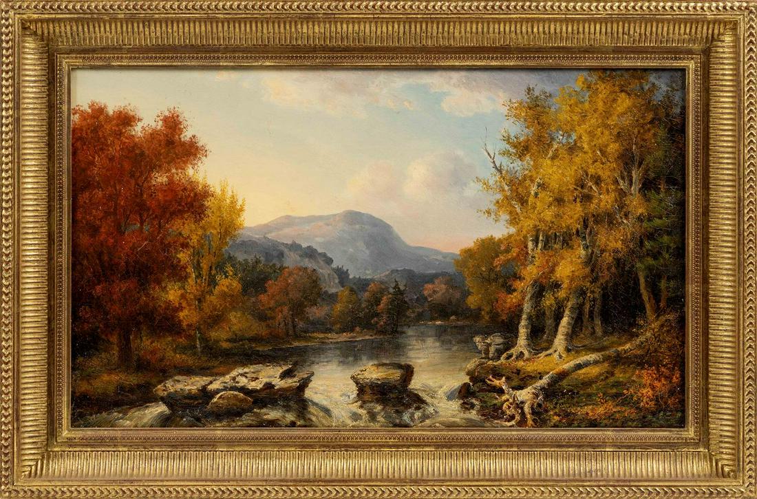 ATTRIBUTED TO JOHN WHITE ALLEN SCOTT, Massachusetts,: ATTRIBUTED TO JOHN WHITE ALLEN SCOTT Massachusetts, 1815-1907 "Josephine Fall, Watson Valley, Shokan" (New York). Unsigned. Artist's studio label affixed to upper stretcher. Titled verso. Provenance: