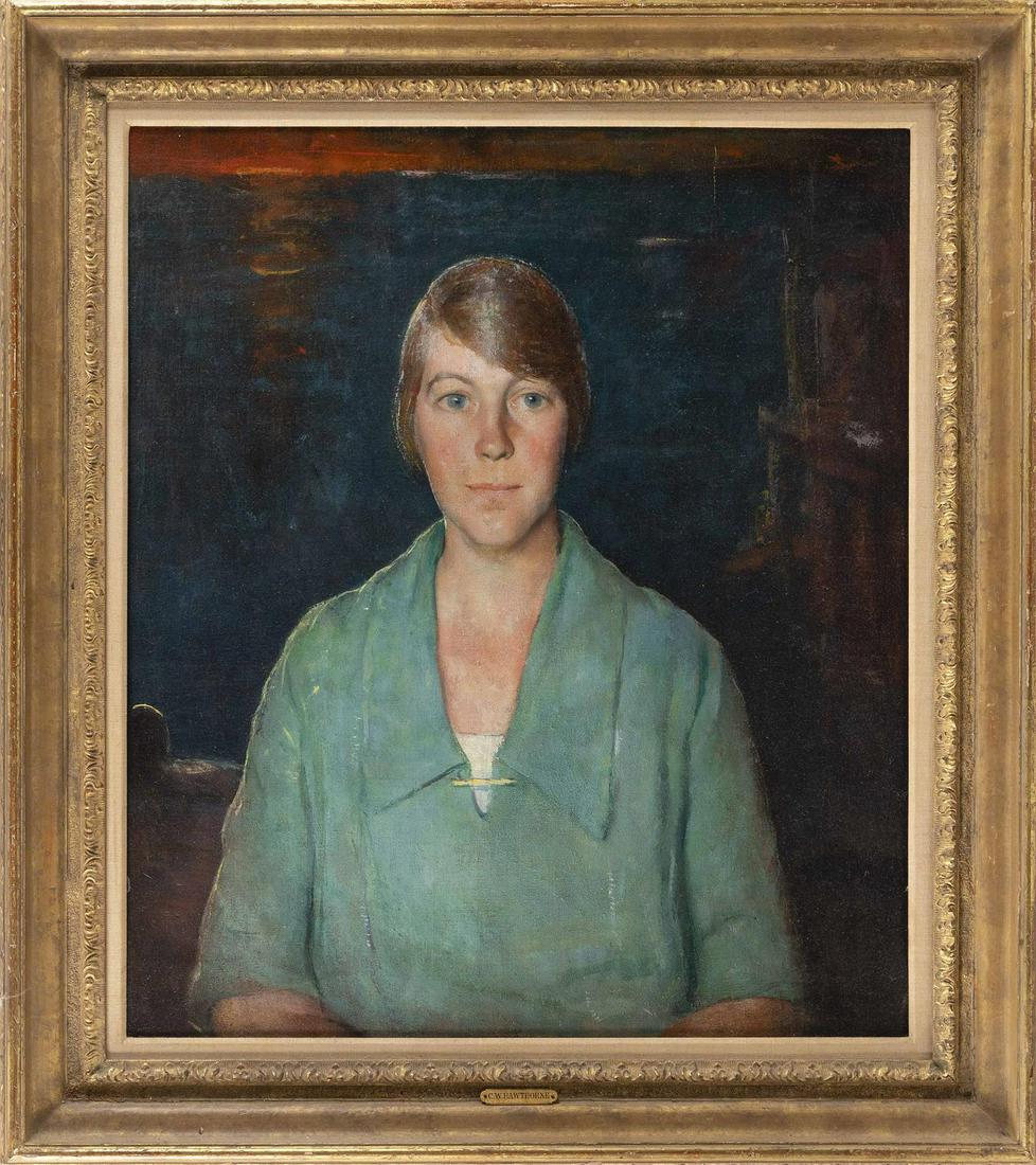 ATTRIBUTED TO CHARLES WEBSTER HAWTHORNE,: ATTRIBUTED TO CHARLES WEBSTER HAWTHORNE Massachusetts/New York, 1872-1930 Portrait of a woman. Unsigned. Provenance: The Estate of Marguerite Riordan, Stonington, Connecticut. Oil on canvas, 30" x 26"