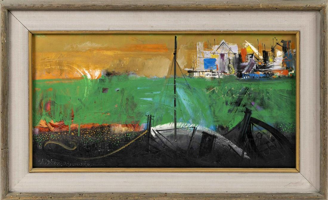 BYRON BROWNE, New York, 1907-1961, "Evening,: BYRON BROWNE New York, 1907-1961 "Evening, Provincetown". Signed lower left "Byron Browne". Titled and dated 1957 verso. Oil on canvas, 18" x 30". Framed 23" x 37".