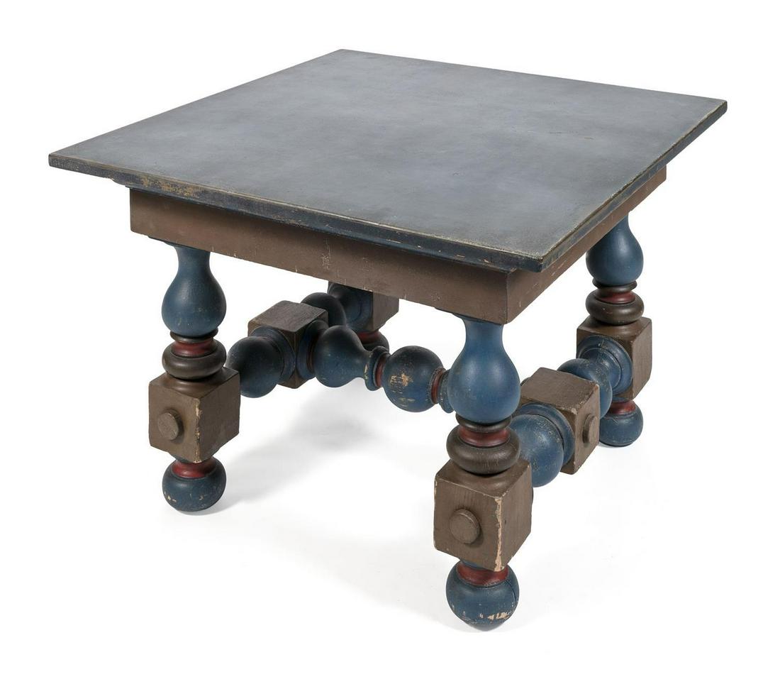 PAINTED WOODEN TABLE, POSSIBLY PERTAINING TO MAXFIELD: PAINTED WOODEN TABLE, POSSIBLY PERTAINING TO MAXFIELD PARRISH America, Early 20th Century Top painted green. Boldly turned base painted blue, brown and red. According to the book Cape Cod Gardens and