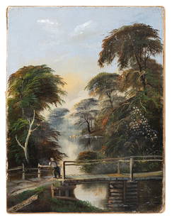 DANIEL CHARLES GROSE, Washington, D.C./Canada,: DANIEL CHARLES GROSE Washington, D.C./Canada, 1838-1900 A lone figure enjoying the view from a bridge. Signed lower left "D.C. Grose". Provenance: A Provincetown Estate. Oil on canvas, 12" x 9". Unfra