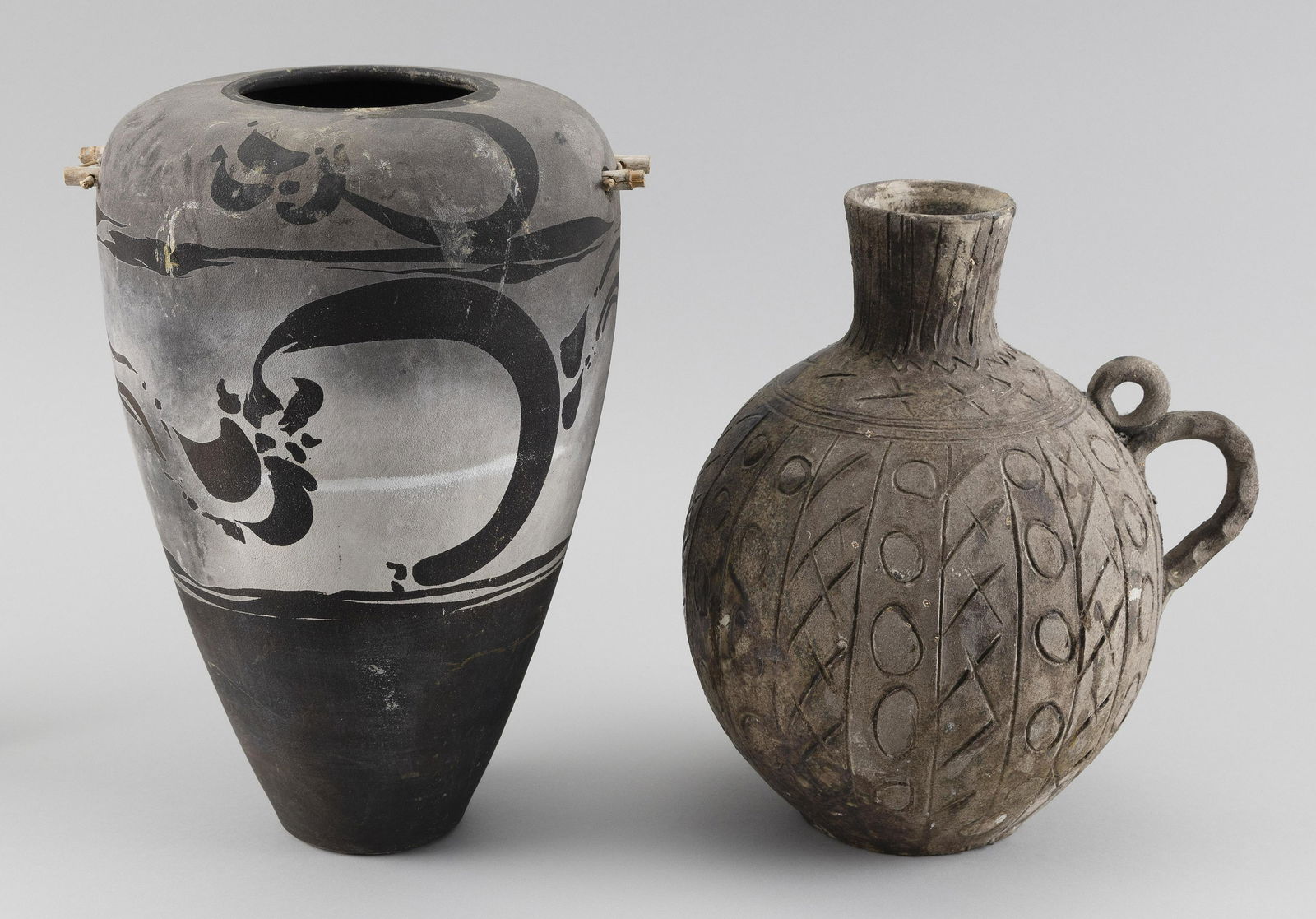 TWO CERAMIC VESSELS , 1) In seed form with bamboo (1 of 3)