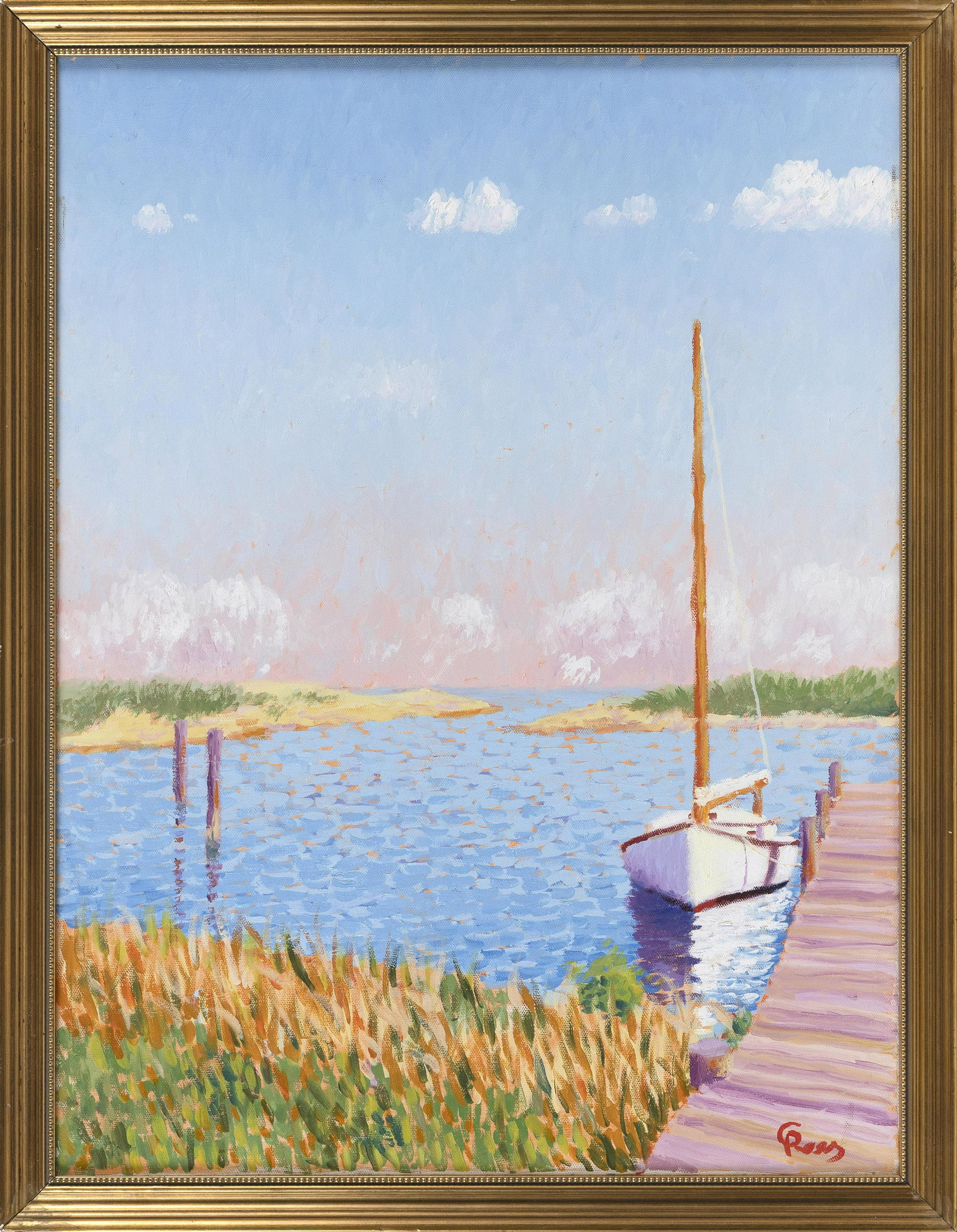 PAINTING OF A SAILBOAT AT DOCK Late 20th Century: PAINTING OF A SAILBOAT AT DOCK Late 20th Century In the style of Sam Barber. Signed lower right "Reese". Oil on canvas, 24" x 17.5". Framed 26" x 20".