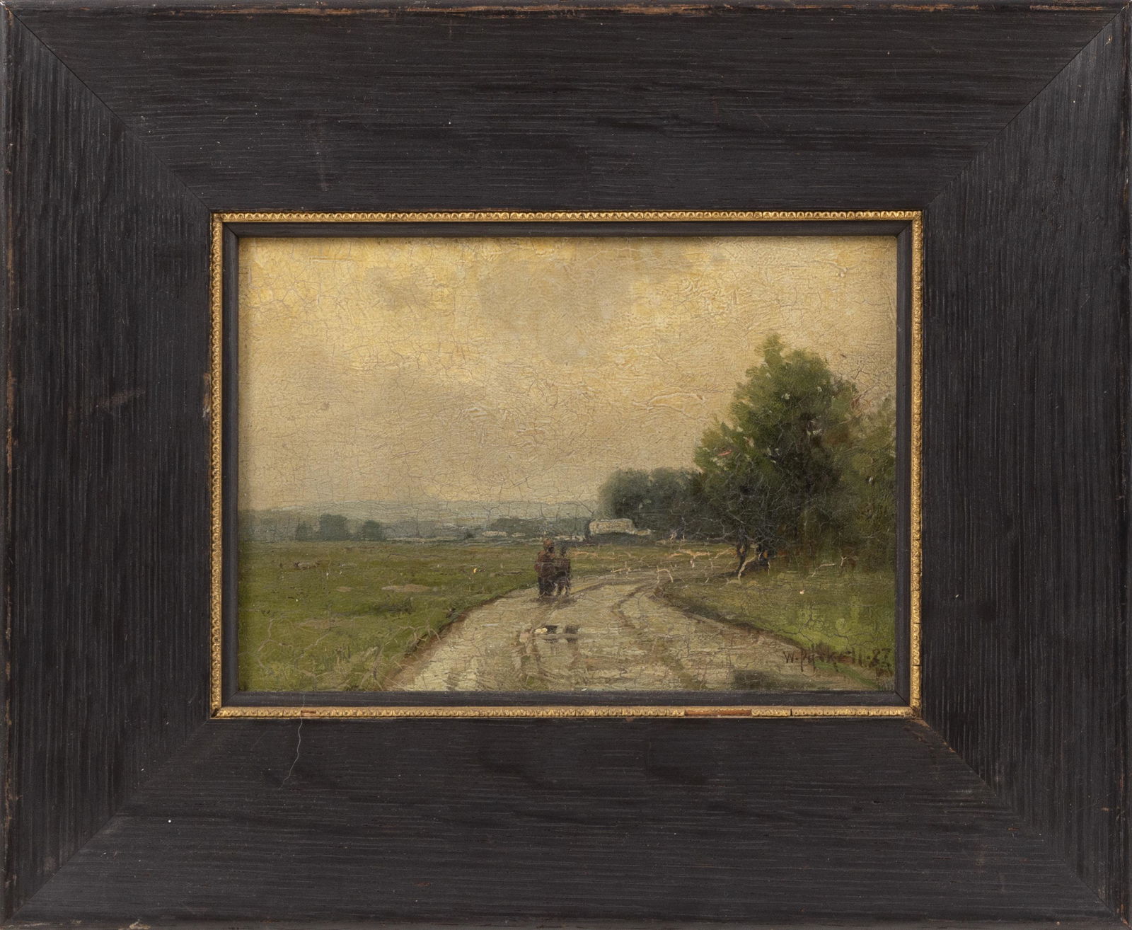 WILLIAM FREDERICK PASKELL (Massachusetts, 1866-1951),: WILLIAM FREDERICK PASKELLMassachusetts, 1866-1951Figures on a country road. Signed and dated lower right "W. Paskell 87".Oil on canvas, 7" x 10". Framed 13" x 16".