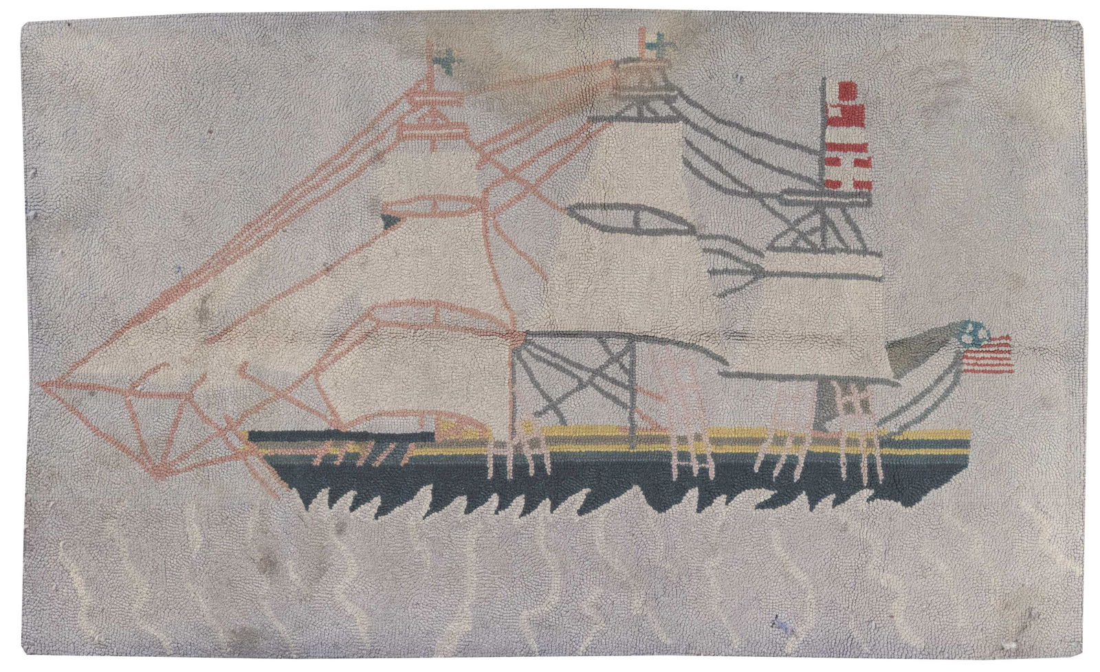 HOOKED RUG DEPICTING A CLIPPER SHIP FLYING AN AMERICAN (1 of 1)